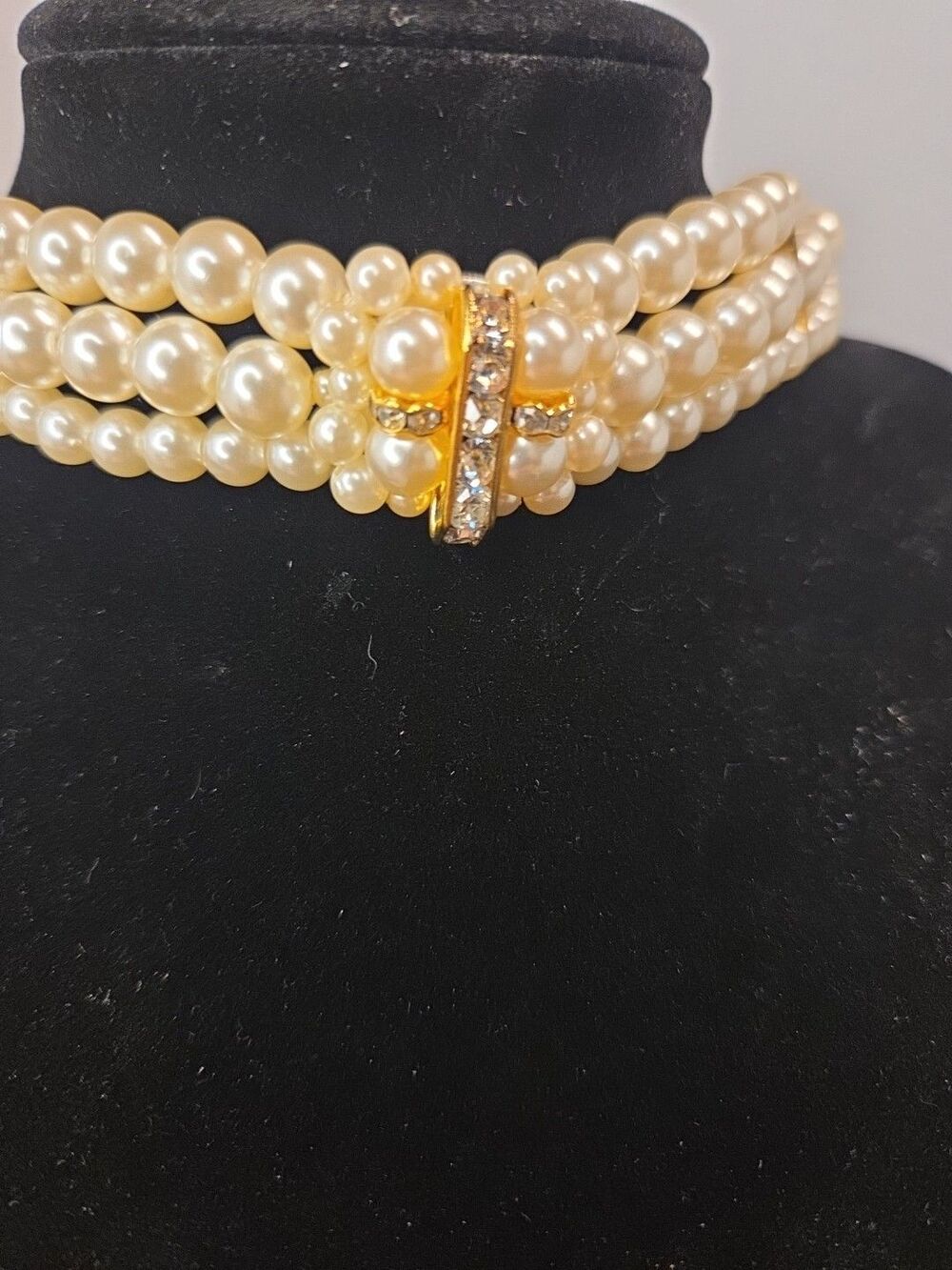 Vintage 3 Strand Faux Pearl Bridal Choker Goldtone & Rhinestone Accents 12"-16"
